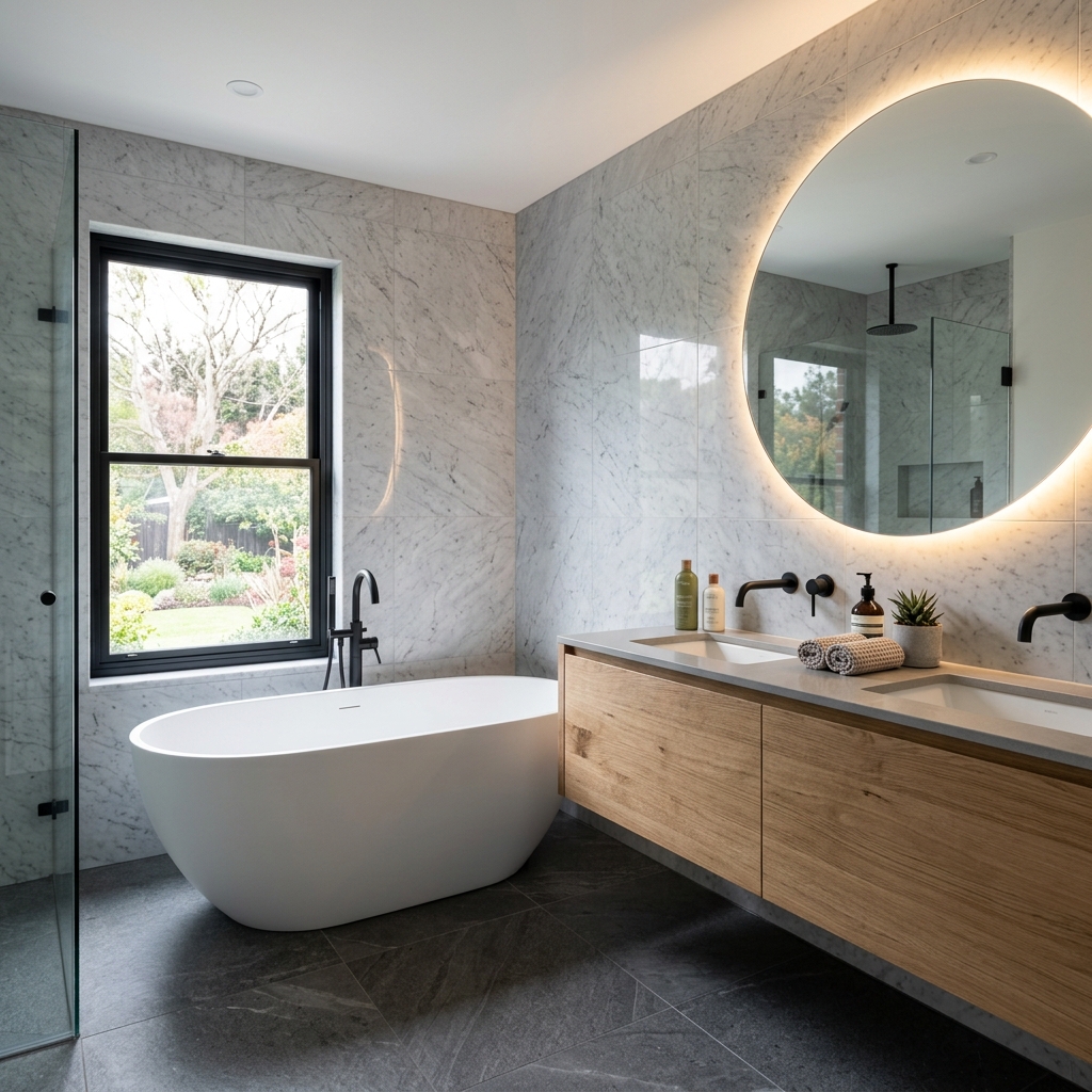 Luxury bathroom with grey marble and circular backlit mirror