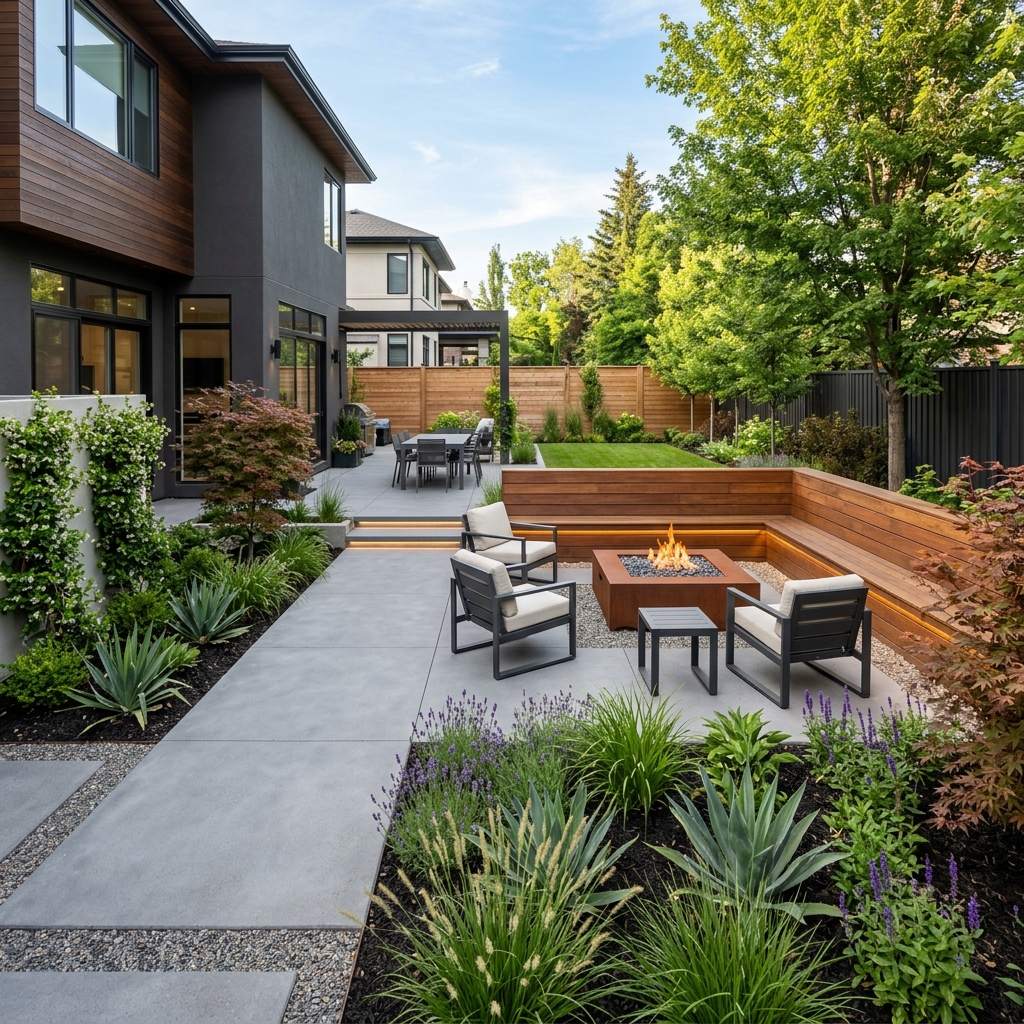 Sleek backyard deck with modern paving stone patio and built-in fire pit